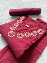 Wine Cotton Embroidered Kurta Pant with Dupatta Set for Women