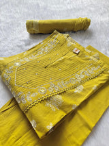 Yellow Cotton Embroidered Kurta Pant with Printed Dupatta Set for Women