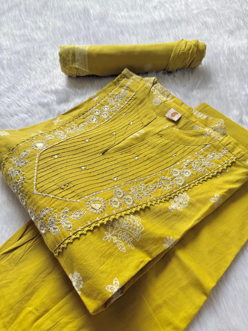 Yellow Cotton Embroidered Kurta Pant with Printed Dupatta Set for Women