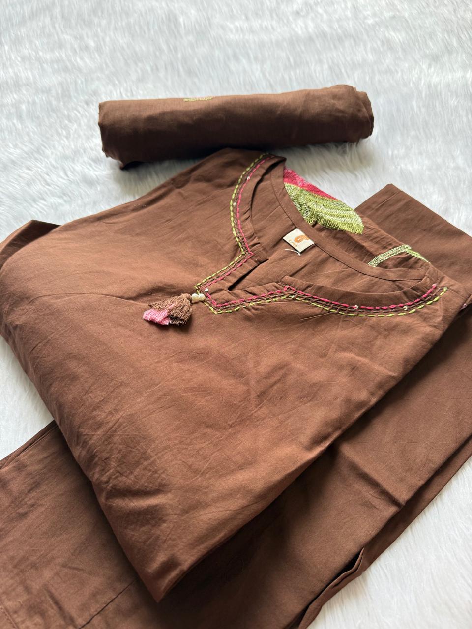 Chocolate Brown Embroidered Cotton Kurti Pant Dupatta Set