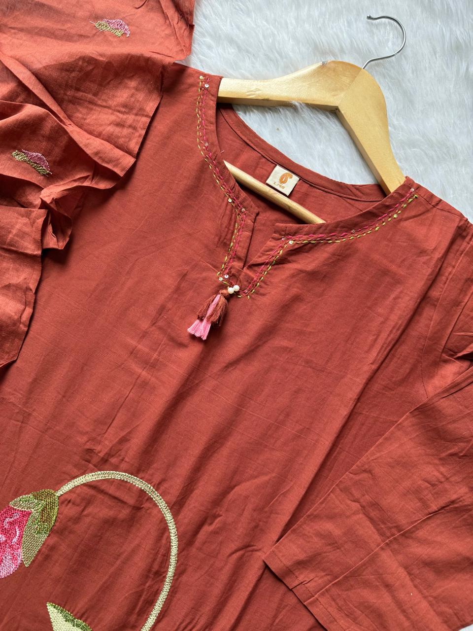 Rust Orange Embroidered Cotton Kurti Pant Dupatta Set
