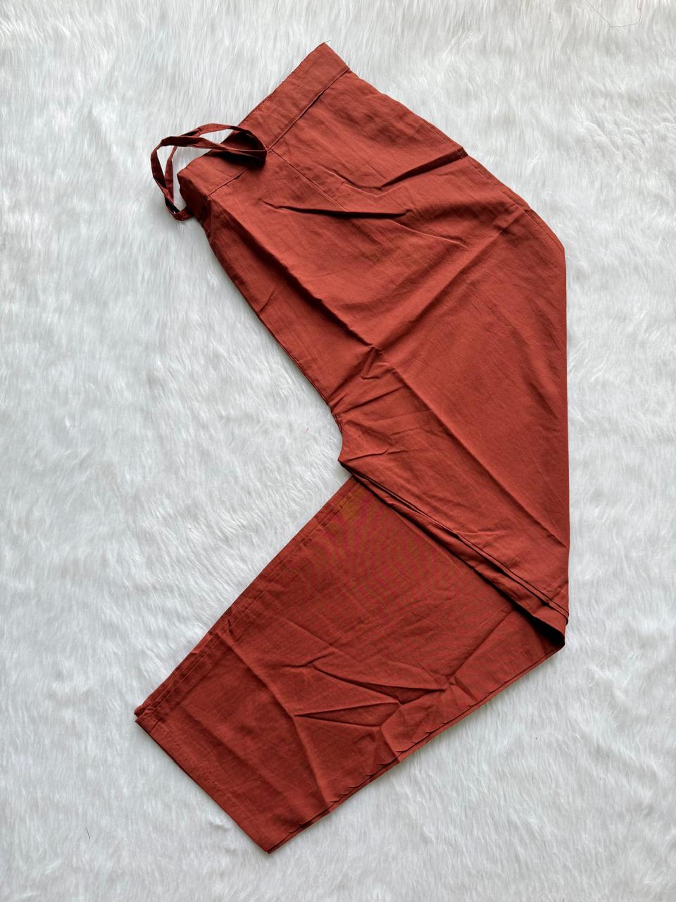 Rust Orange Embroidered Cotton Kurti Pant Dupatta Set