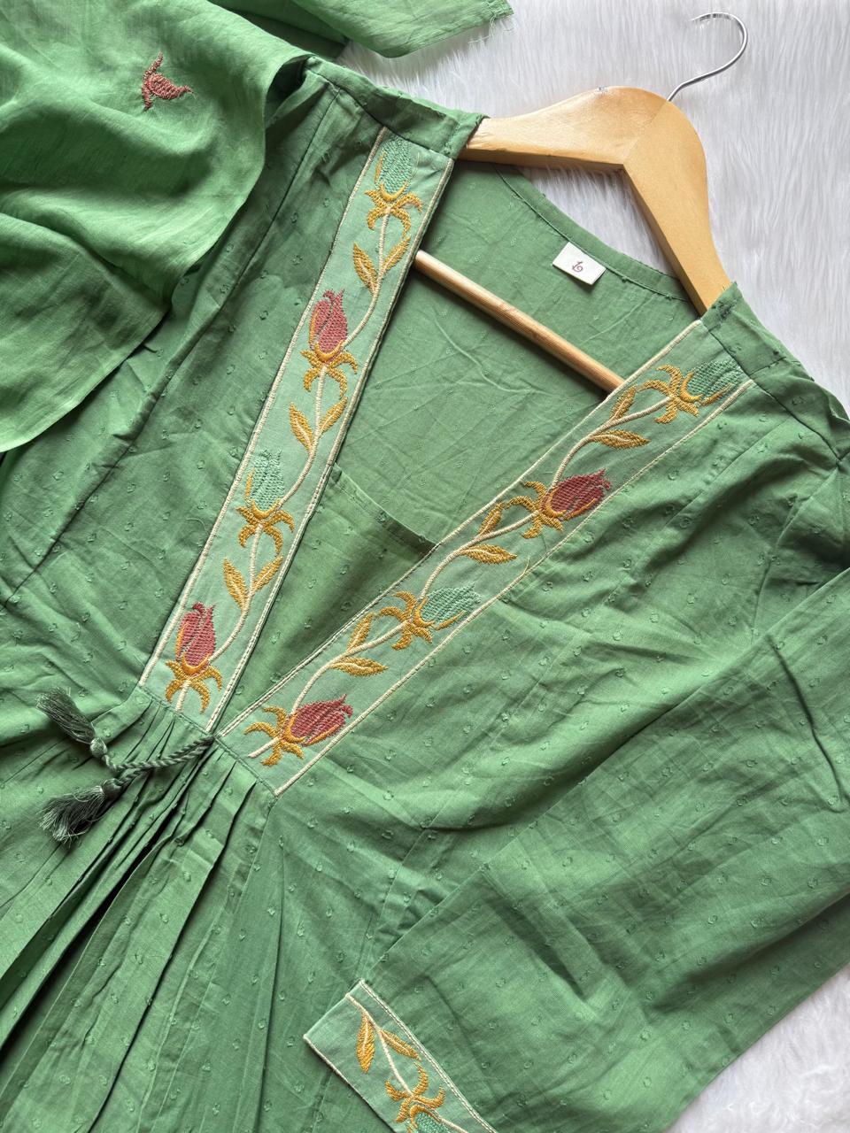 Pista Green Cotton Embroidered Umbrella Kurta Pant with Embroidered Dupatta Set