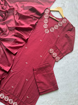Wine Cotton Embroidered Kurta Pant with Dupatta Set for Women