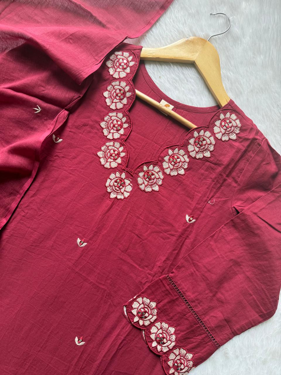 Wine Cotton Embroidered Kurta Pant with Dupatta Set for Women