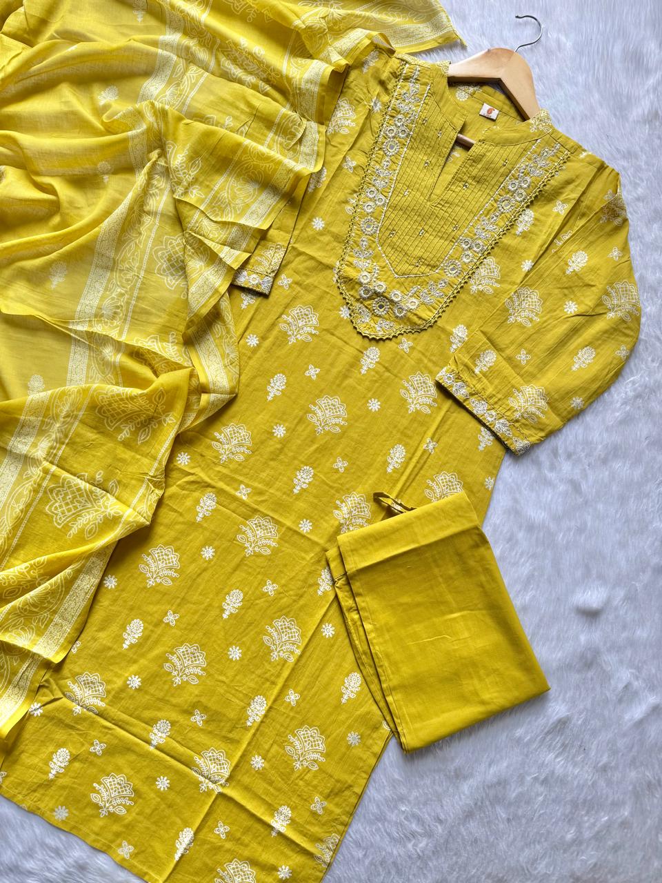 Yellow Cotton Embroidered Kurta Pant with Printed Dupatta Set for Women