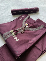 Wine Embroidered Cotton Kurta Pant & Dupatta Set