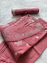 Rose Pink Cotton Printed Kurta Pant with Embroidered Neckline & Dupatta Set