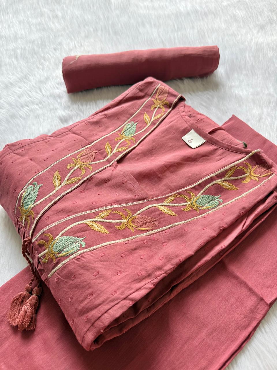 Rose Pink Cotton Embroidered Umbrella Kurta Pant with Dupatta Set