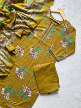 Mustard Floral Printed Cotton Kurti Pant Dupatta Set