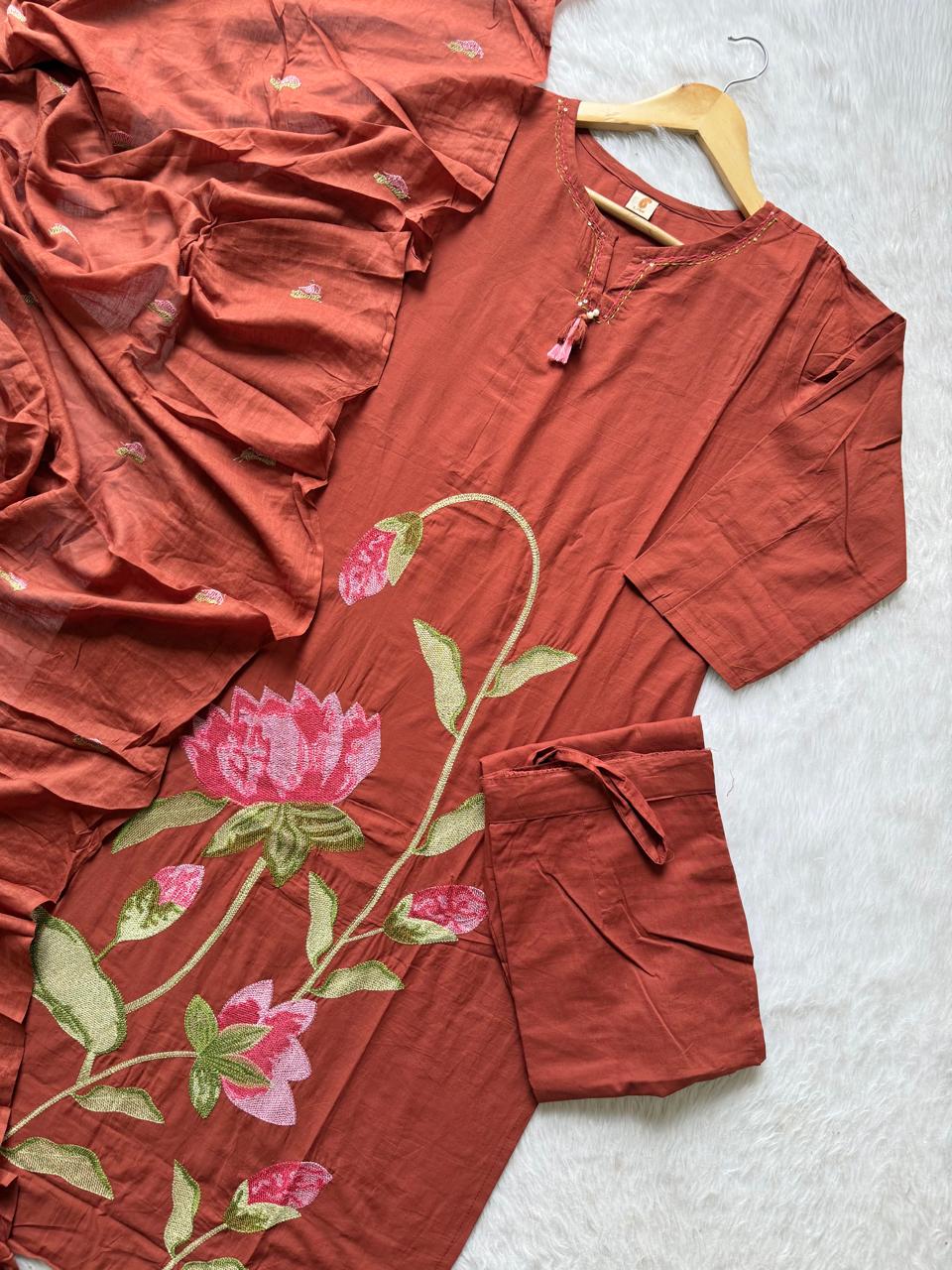 Rust Orange Embroidered Cotton Kurti Pant Dupatta Set