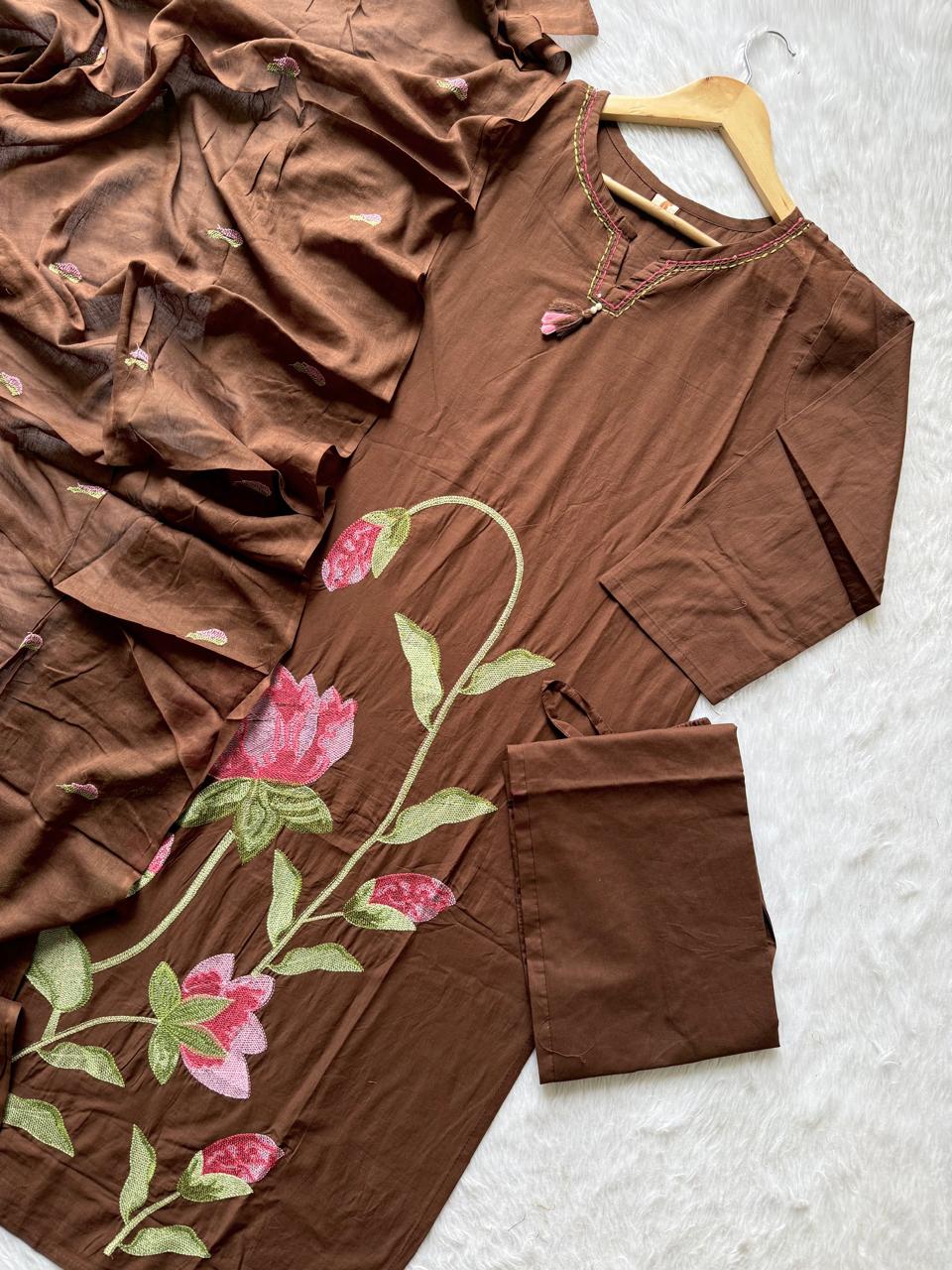 Chocolate Brown Embroidered Cotton Kurti Pant Dupatta Set