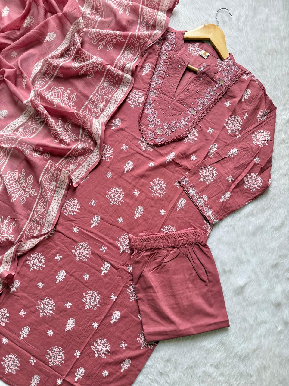 Rose Pink Cotton Printed Kurta Pant with Embroidered Neckline & Dupatta Set