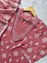 Rose Pink Cotton Printed Kurta Pant with Embroidered Neckline & Dupatta Set