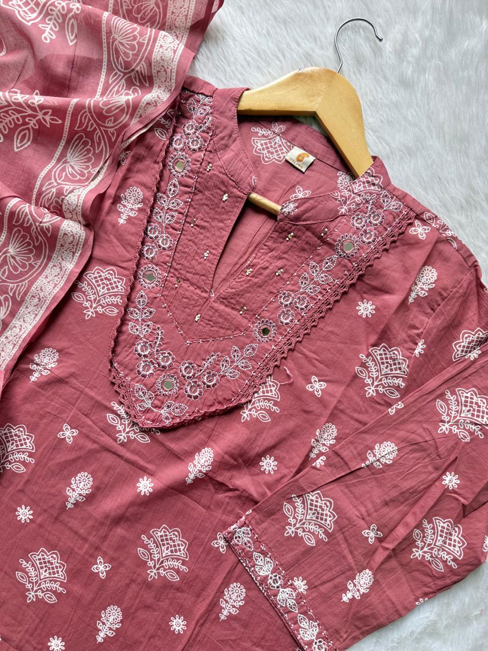 Rose Pink Cotton Printed Kurta Pant with Embroidered Neckline & Dupatta Set