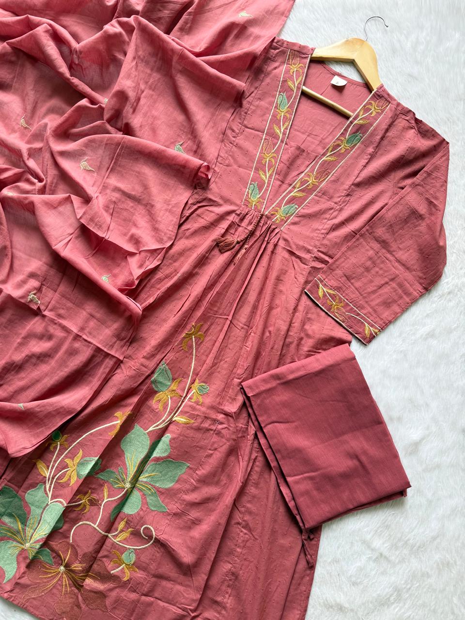 Rose Pink Cotton Embroidered Umbrella Kurta Pant with Dupatta Set