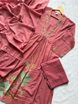 Rose Pink Cotton Embroidered Umbrella Kurta Pant with Dupatta Set