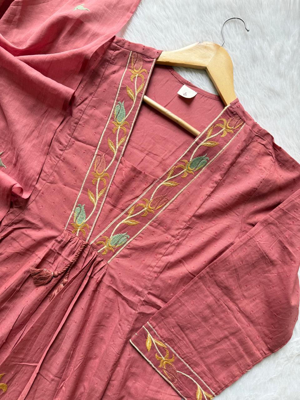 Rose Pink Cotton Embroidered Umbrella Kurta Pant with Dupatta Set