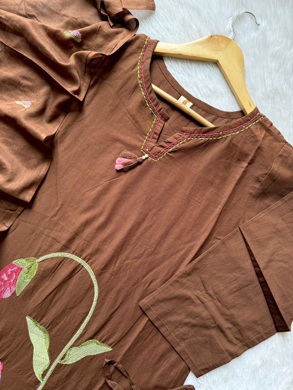 Chocolate Brown Embroidered Cotton Kurti Pant Dupatta Set
