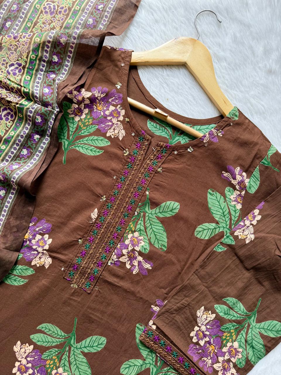 Chocolate Brown Floral Printed Cotton Kurti Pant Dupatta Set