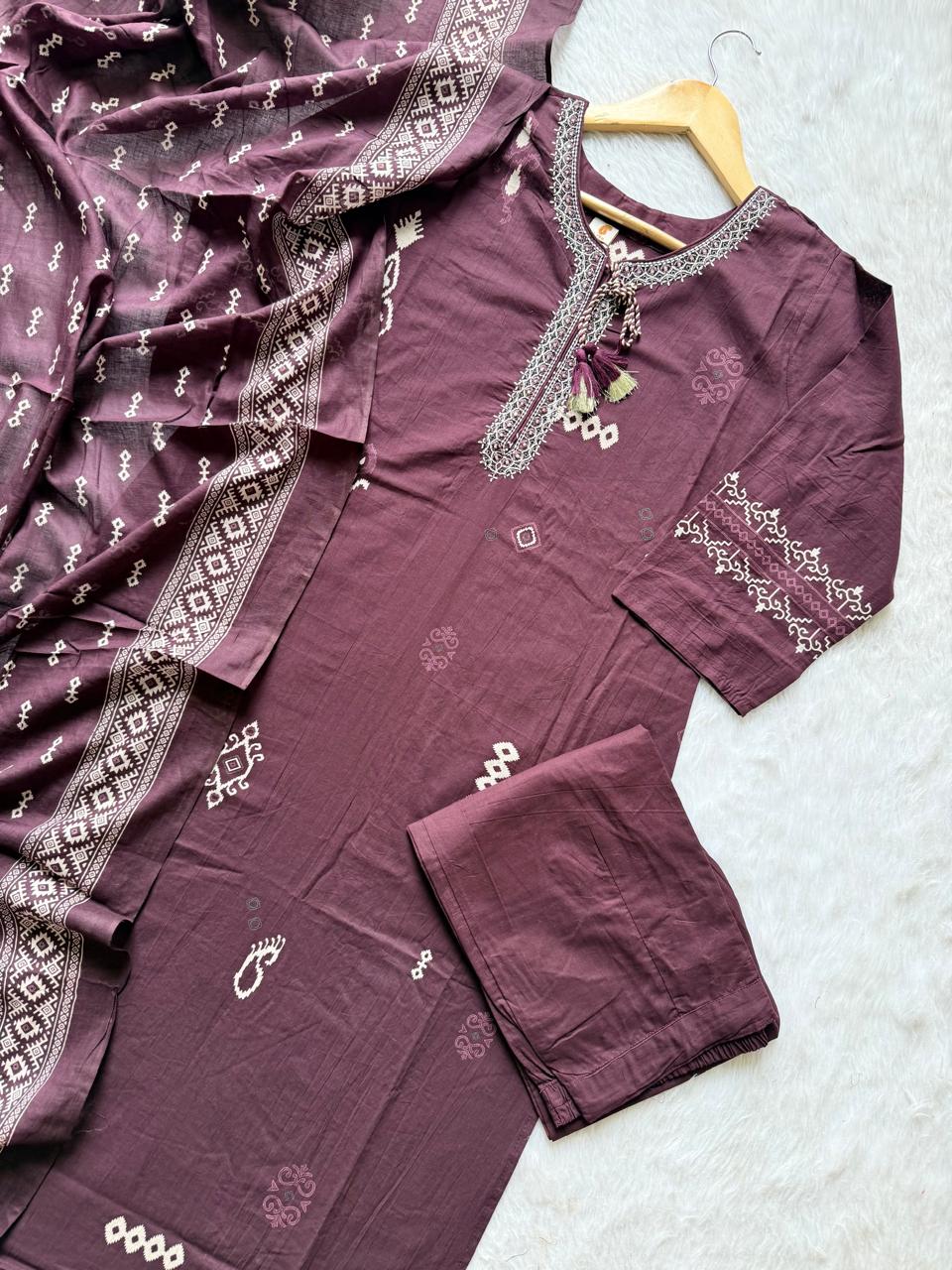 Wine Embroidered Cotton Kurta Pant & Dupatta Set