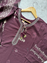 Wine Embroidered Cotton Kurta Pant & Dupatta Set
