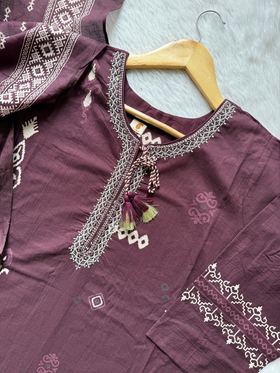 Wine Embroidered Cotton Kurta Pant & Dupatta Set