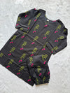 Black Printed Short Kurti Pant Set with Pink Floral Motifs