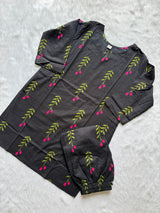 Black Printed Short Kurti Pant Set with Pink Floral Motifs