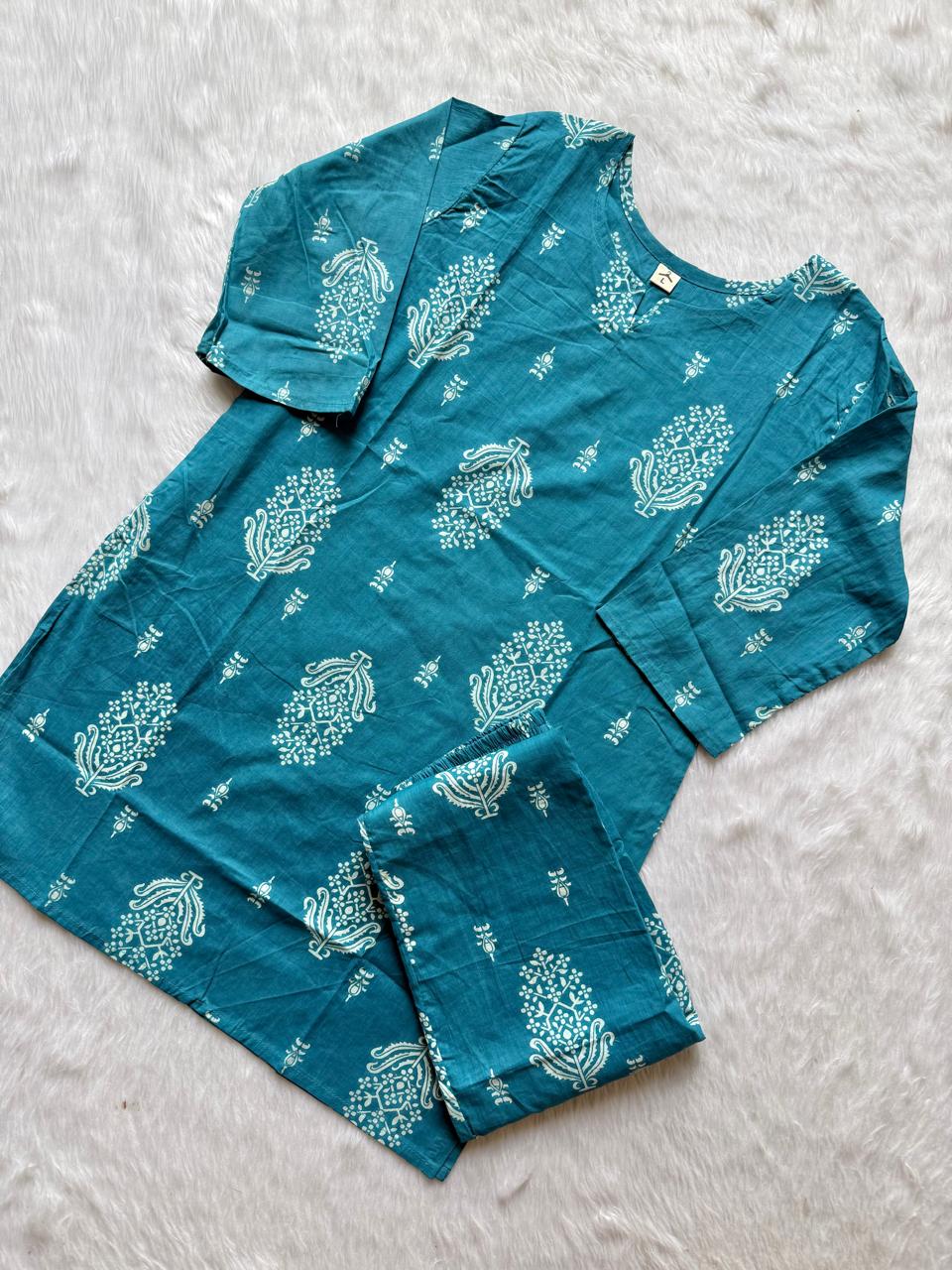 Teal Blue Printed Short Kurti Pant Set for Women