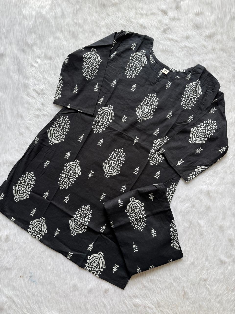 Black Printed Short Kurti Pant Set for Women
