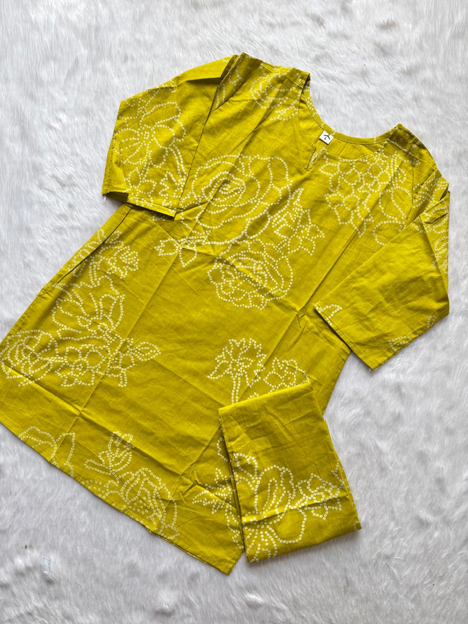 Lime Yellow Bandhani Print Short Kurti Pant Set