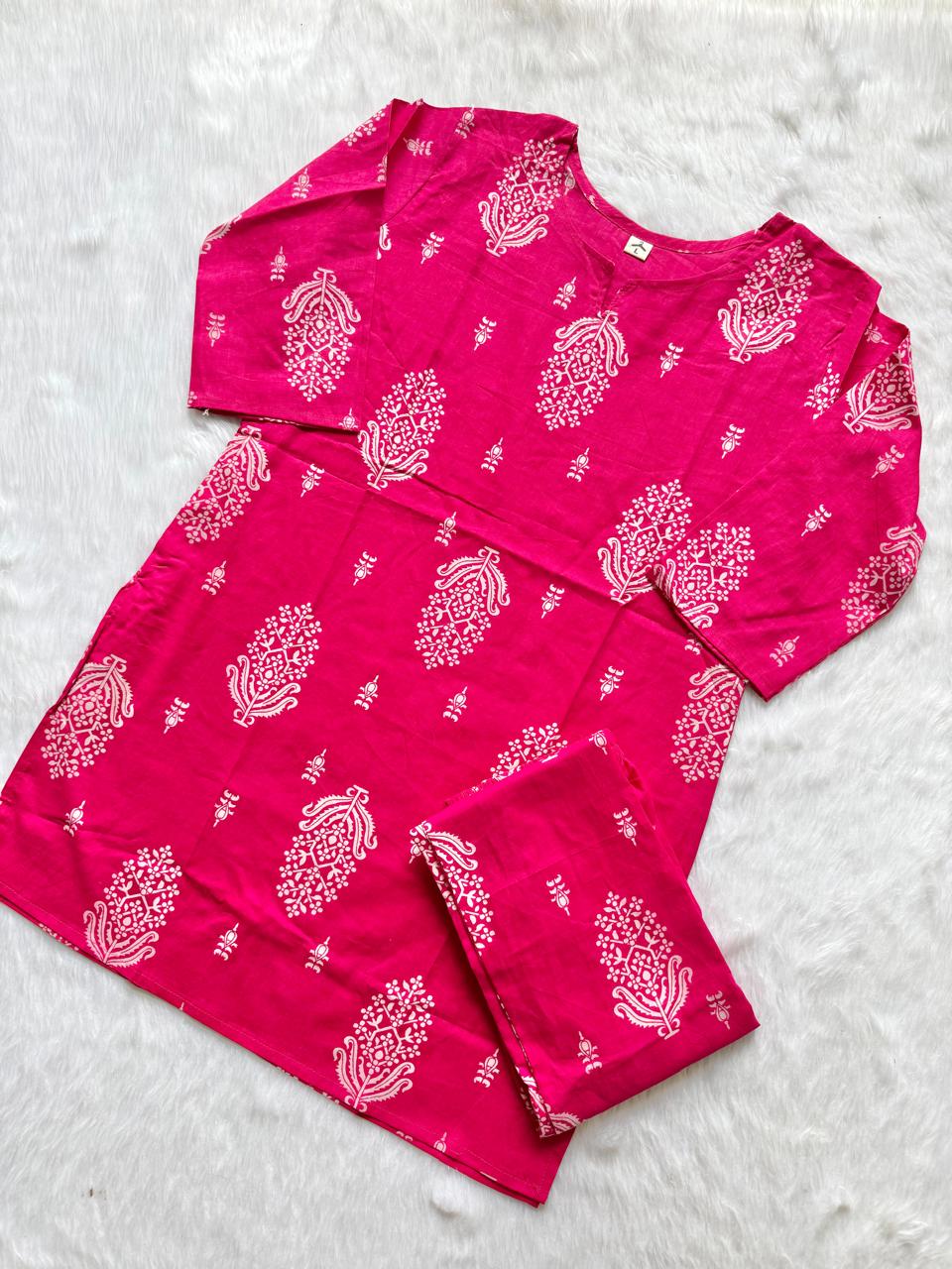 Rani Pink Printed Short Kurti Pant Set for Women