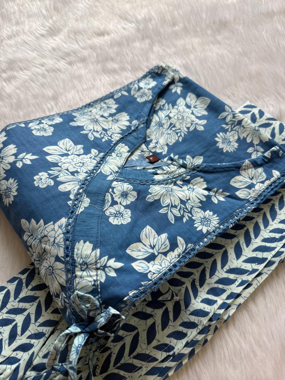 Blue Floral Angrakha Kurti with Printed Pant Set