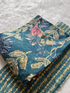 Teal-blue Green Floral Printed Kurti Pant Set with Neckline Work