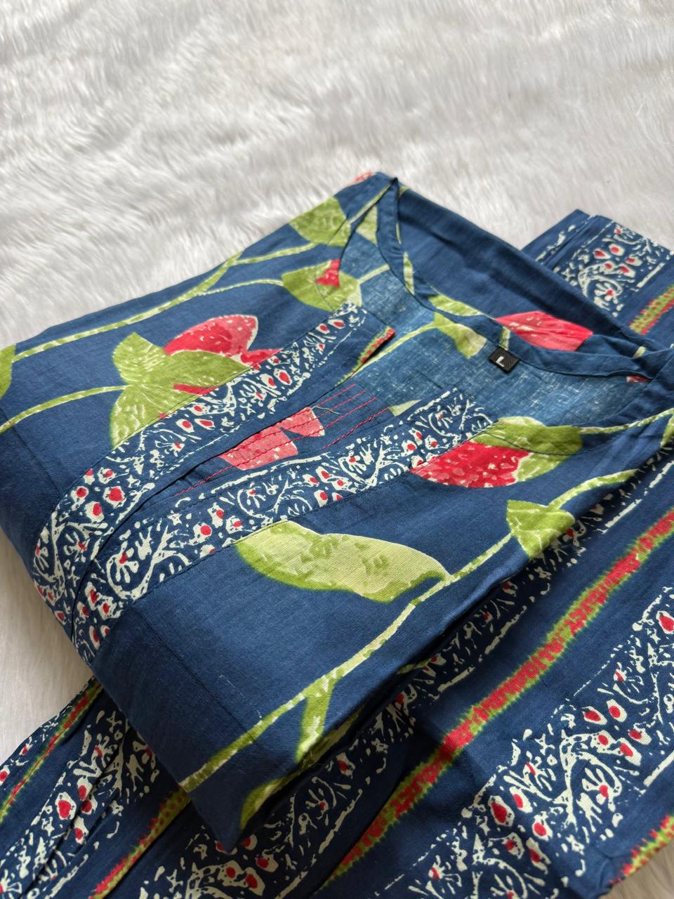 Navy Blue Floral Printed Kurti Pant Set