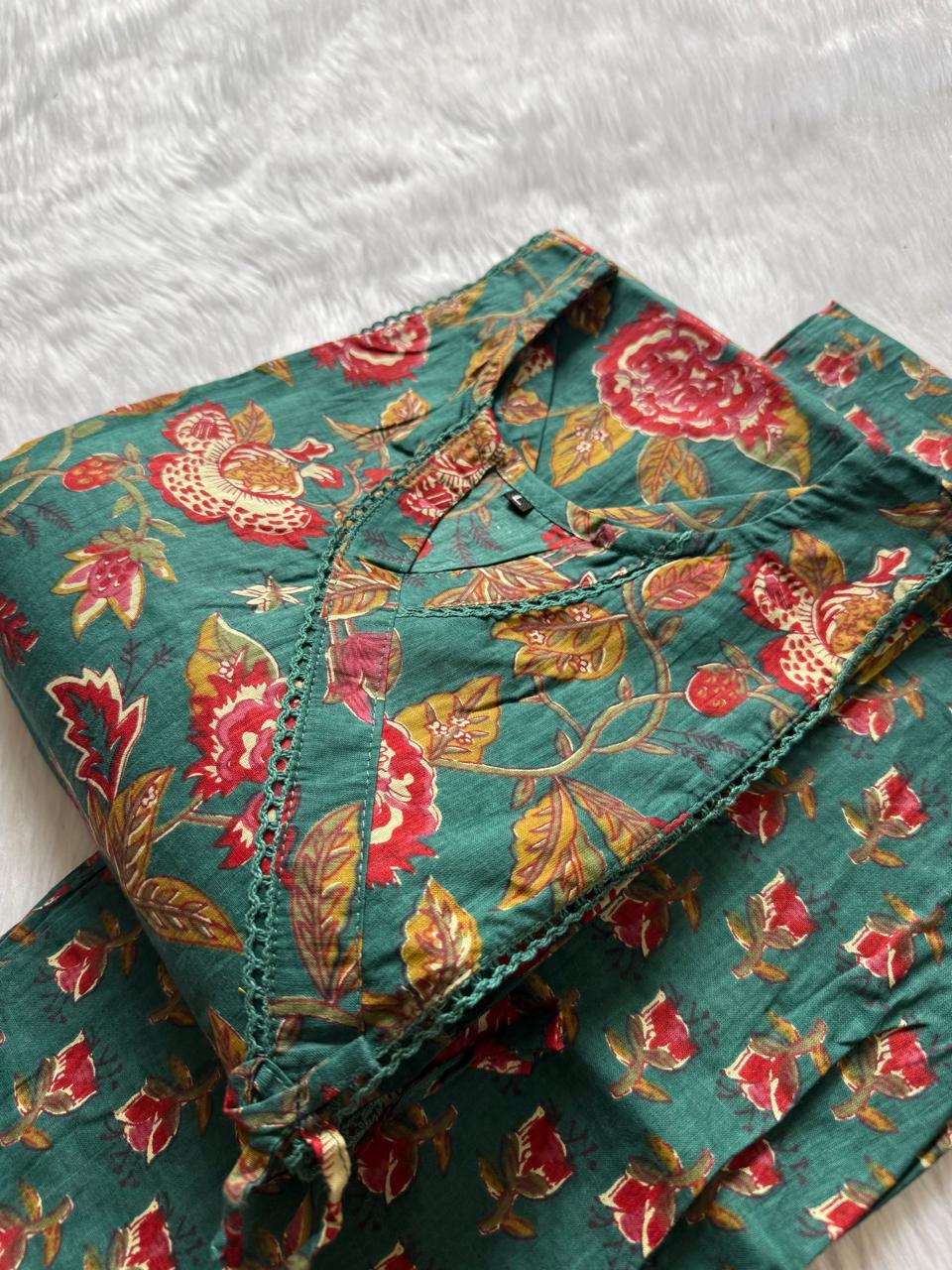 Green Floral Angrakha Kurti Pant Set