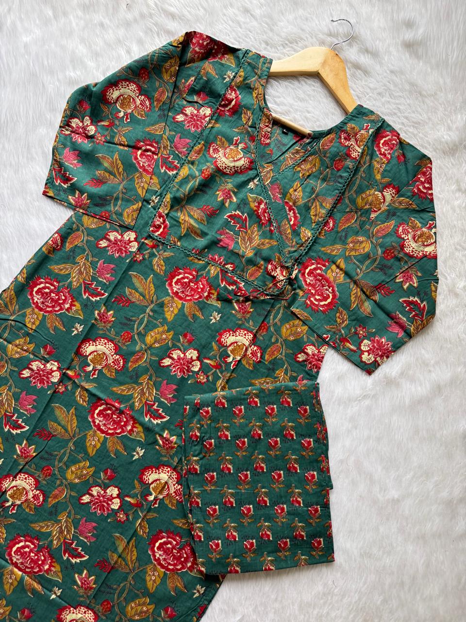Green Floral Angrakha Kurti Pant Set