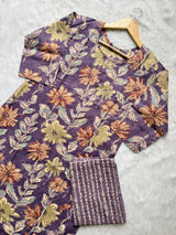Purple Green Floral Printed Kurti Pant Set with Neckline Work