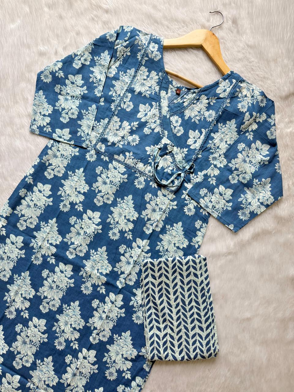 Blue Floral Angrakha Kurti with Printed Pant Set