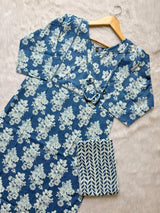 Blue Floral Angrakha Kurti with Printed Pant Set