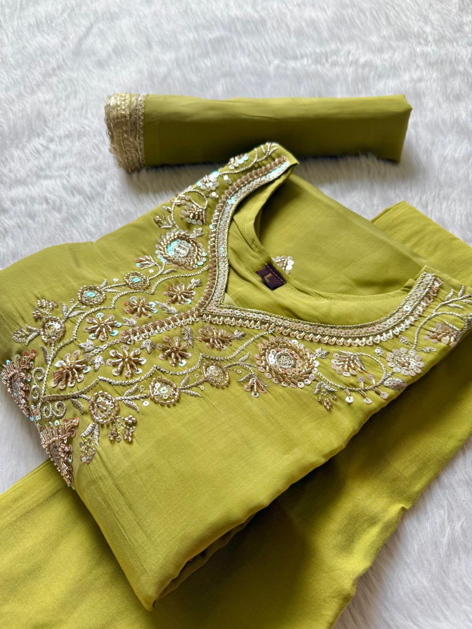 Pista Green Roman Silk Embroidered Kurti Pant Dupatta Set
