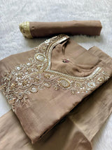 Elegant Roman Silk Embroidered Kurti Pant & Dupatta Set – Taupe