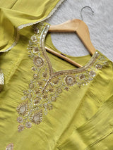 Pista Green Roman Silk Embroidered Kurti Pant Dupatta Set
