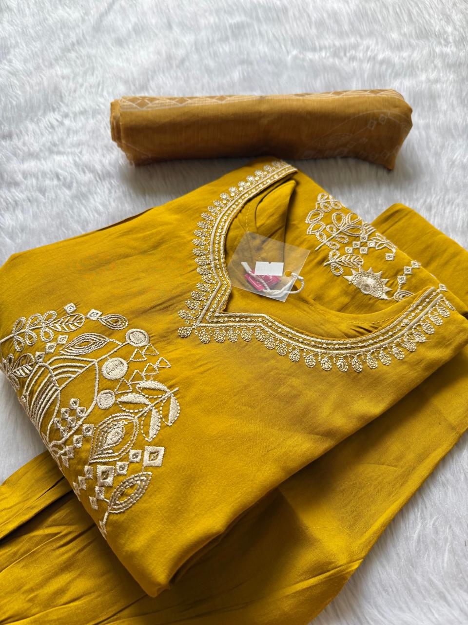 Mustard Roman Silk Embroidered Kurti Pant & Dupatta Set