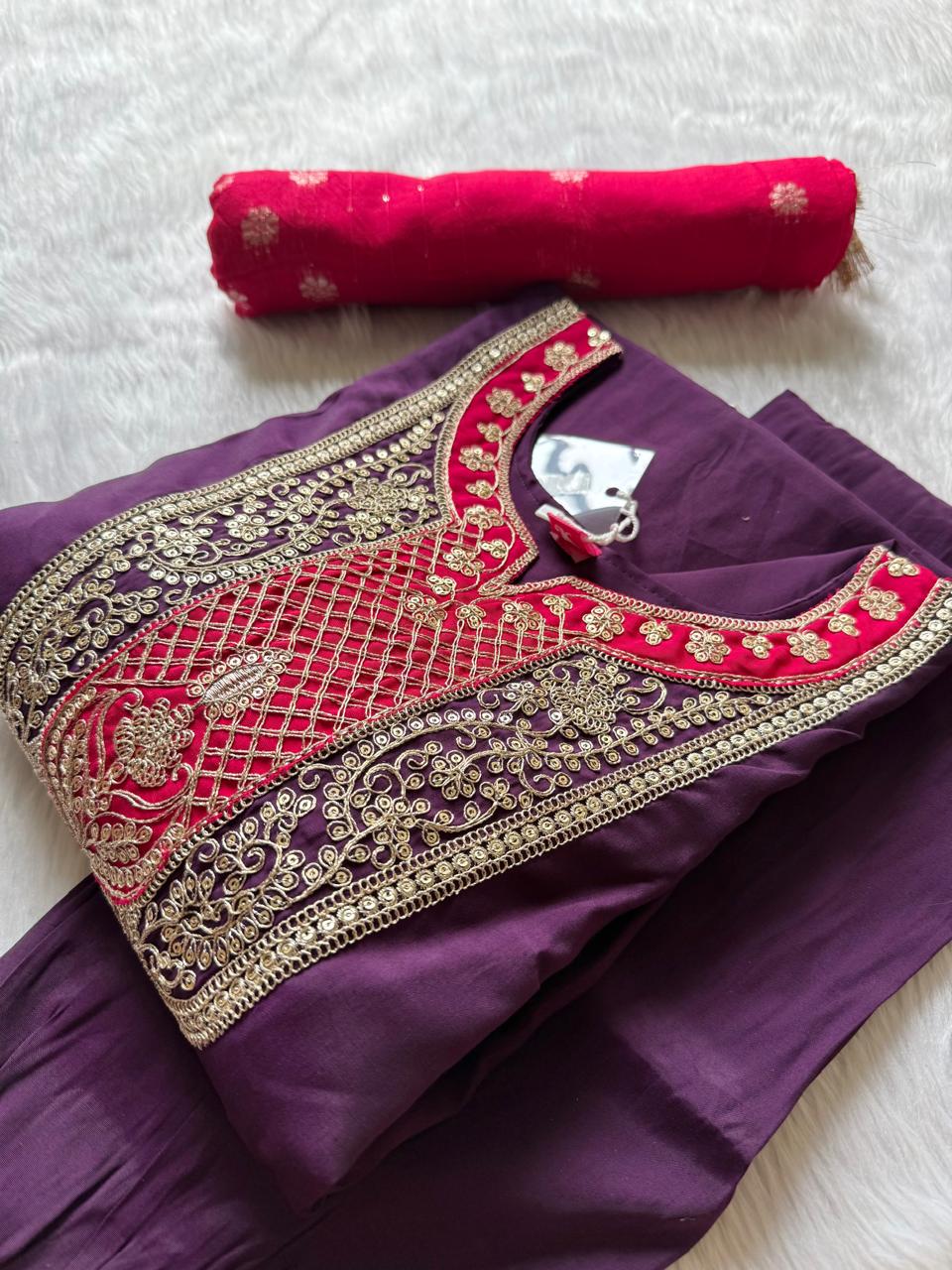 Purple Silk Embroidered Kurti Pant & Dupatta Set
