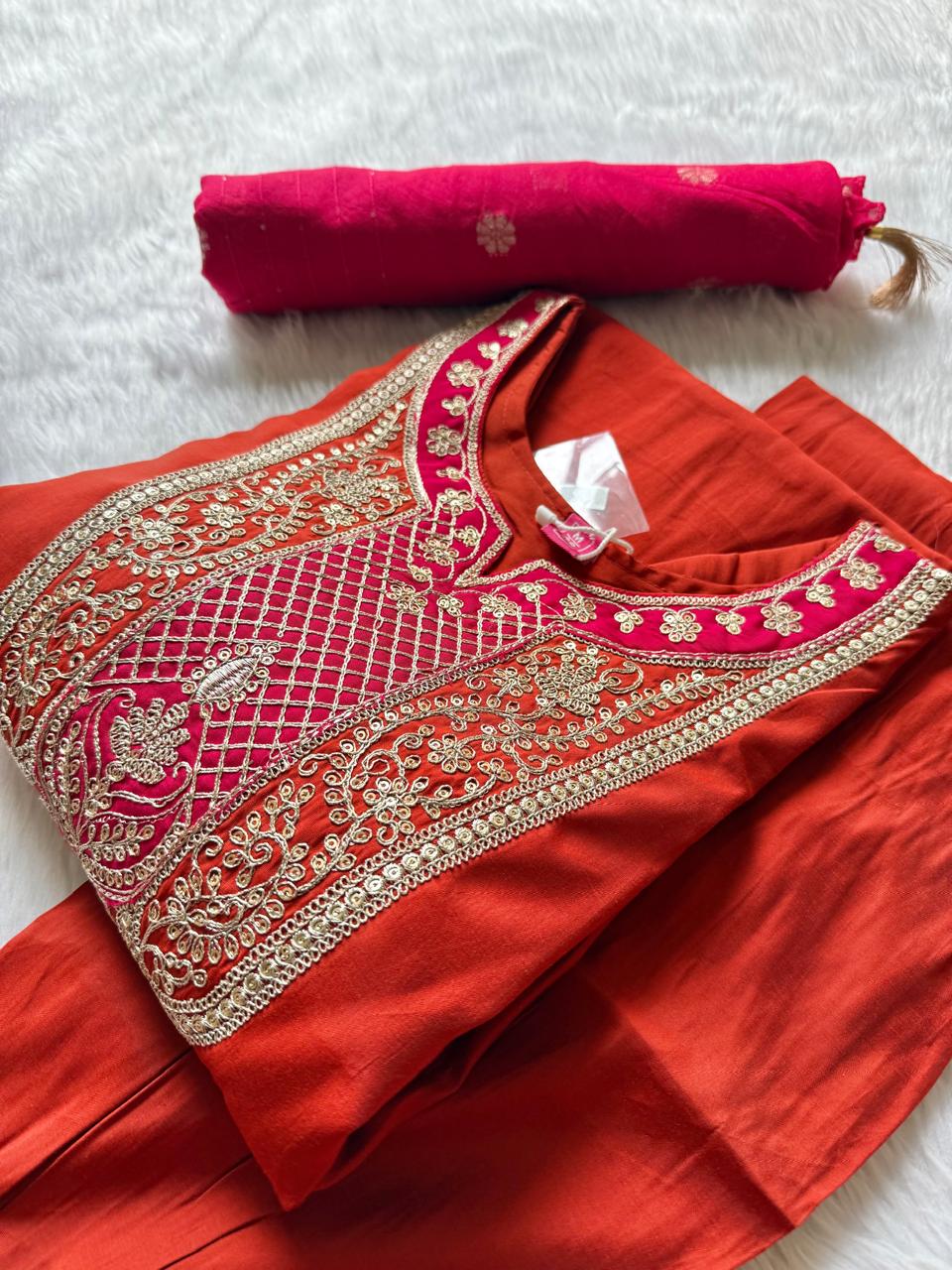 Orange Roman Silk Embroidered Kurti Pant & Dupatta Set