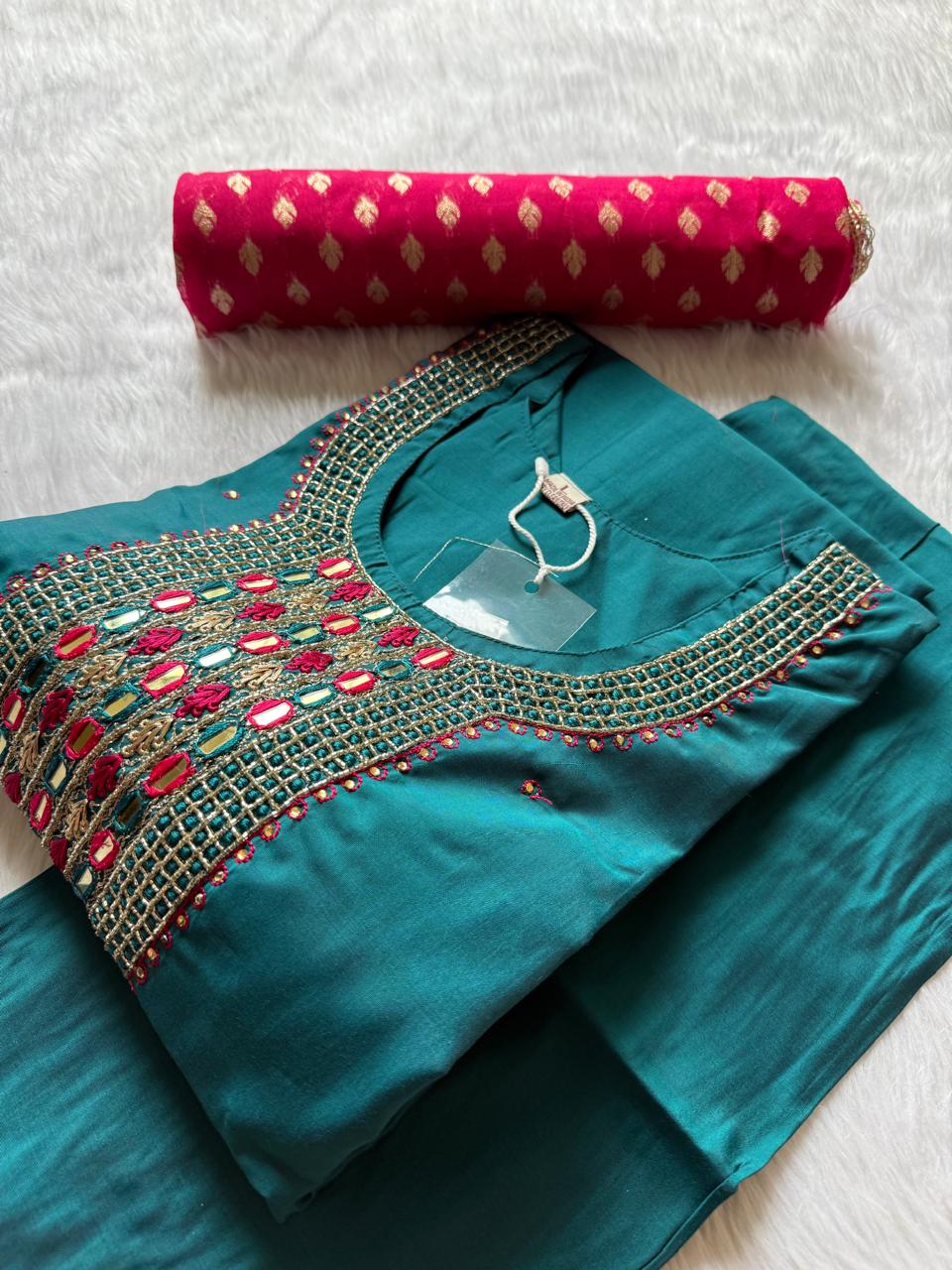 Premium Silk Teal Green Kurti Pant Dupatta Set with Mirror & Hand Embroidery
