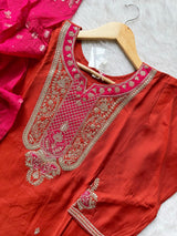 Orange Roman Silk Embroidered Kurti Pant & Dupatta Set