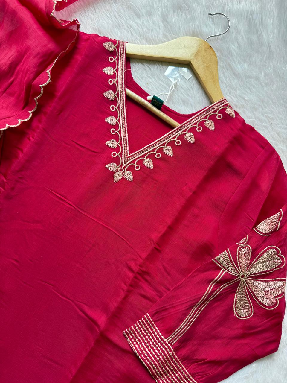 Chanderi Silk Embroidered Kurti Palazzo & Dupatta Set